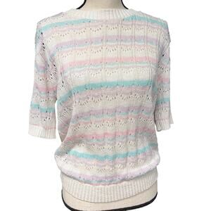 women's vintage 1980s LG pastel crochet crew neck short sleeve sweater  white